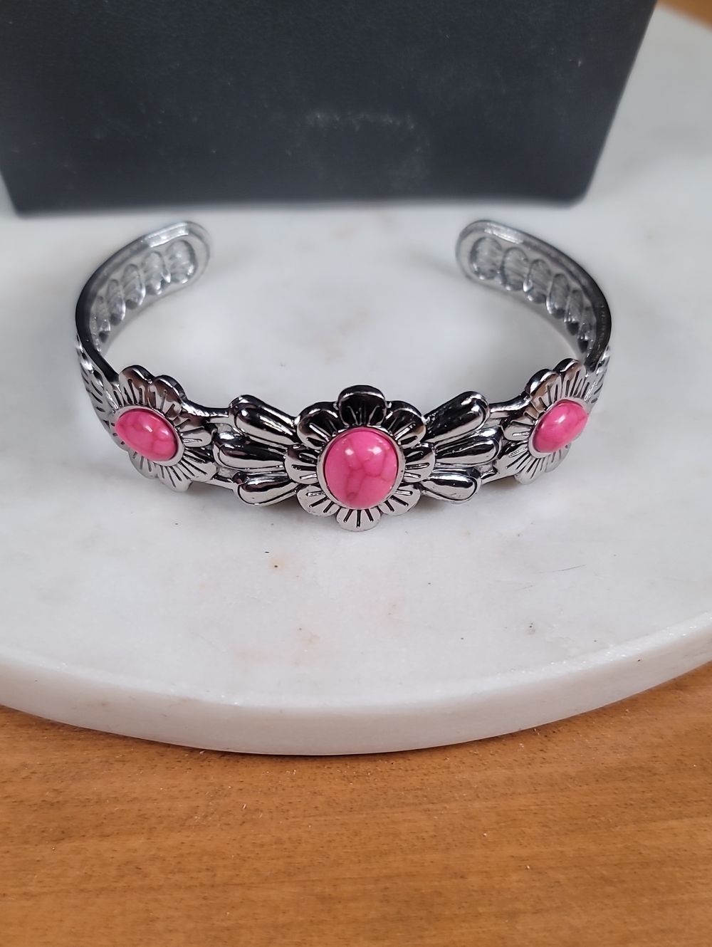 Pink Stone Silver Floral Cuff Bracelet - Picture 2 of 4